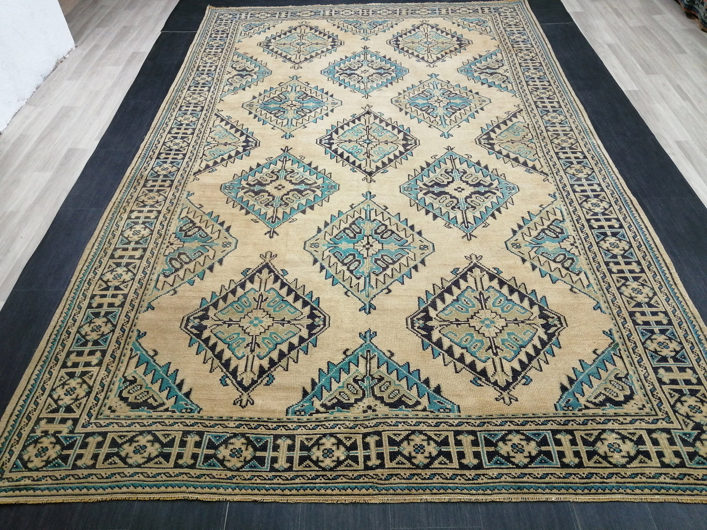 7.7 x 12 OUSHAK RUG Large TURKISH Blue And Navy Oushak Rug Vintage 8x12 Vintage Turkish Rug Wool Oriental Rug Hand Made Rug Vintage Rug