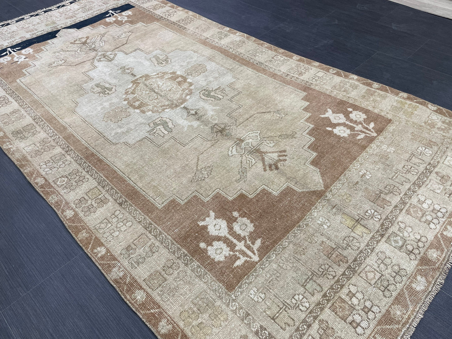 MUTED Handmade 4 x 7.3 Rug Vintage Turkish Rug Brown Soft wool Rug NATURAL Wool Rug, Living Room Rug, Oushak Rug, Hand Knotted Kitchen Rug