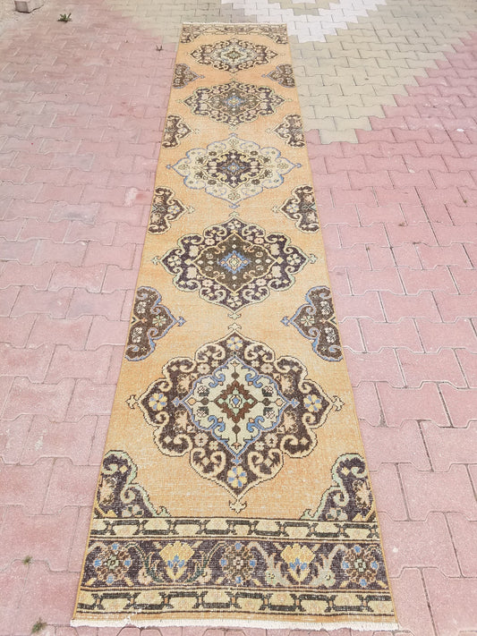 2.6 x 13.3 Turkish runner rug, vintage rug, oushak runner, unique handmade rug, kitchen runner rug,