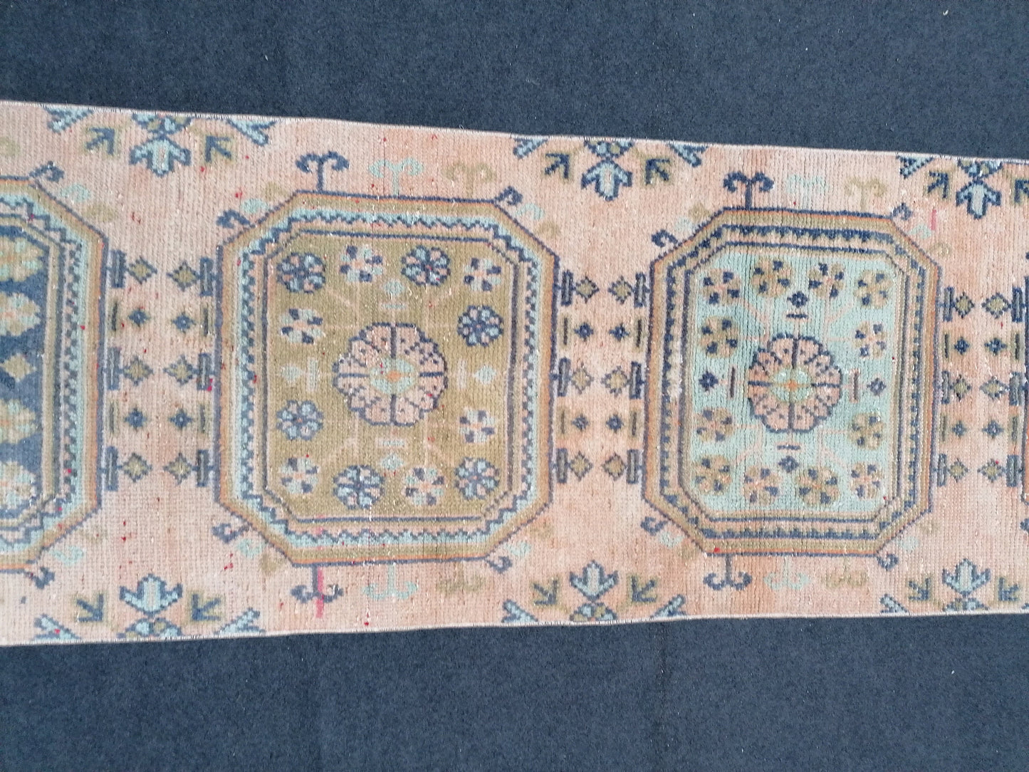 2'3x11'8 oushak turkish runner rug,turkish wool runner rug,hallway runner, vintage blue runner rug, vintage green runner rug,kitchen runner