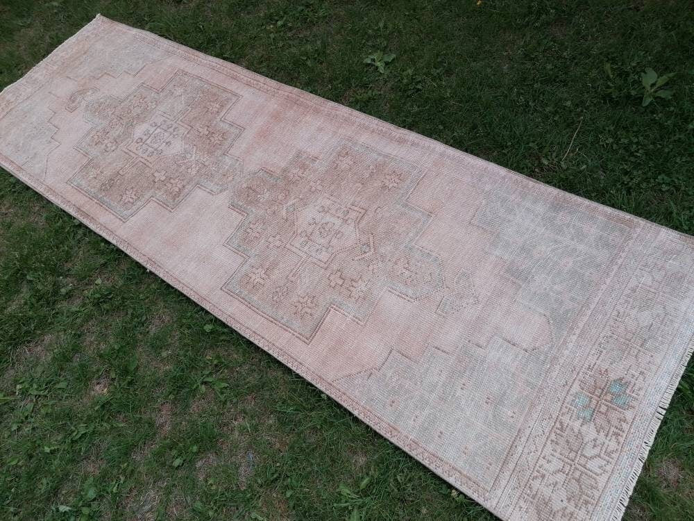 Muted hallway wool runner rug 2'7x8'4 handmade runner vintage oushak runner, turkish runner rug