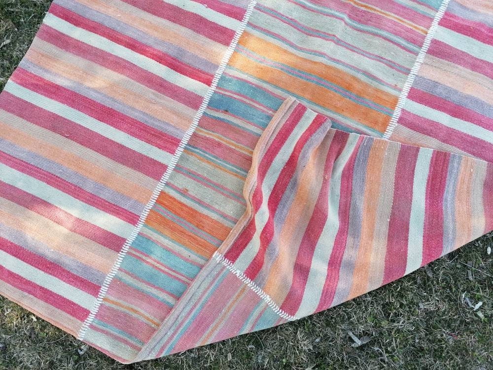 Flatwoven kilim rug 6'4x8'8 stripe hand made rugs, vintage turkish rugs oushak rug vintage oushak rug, wool rug