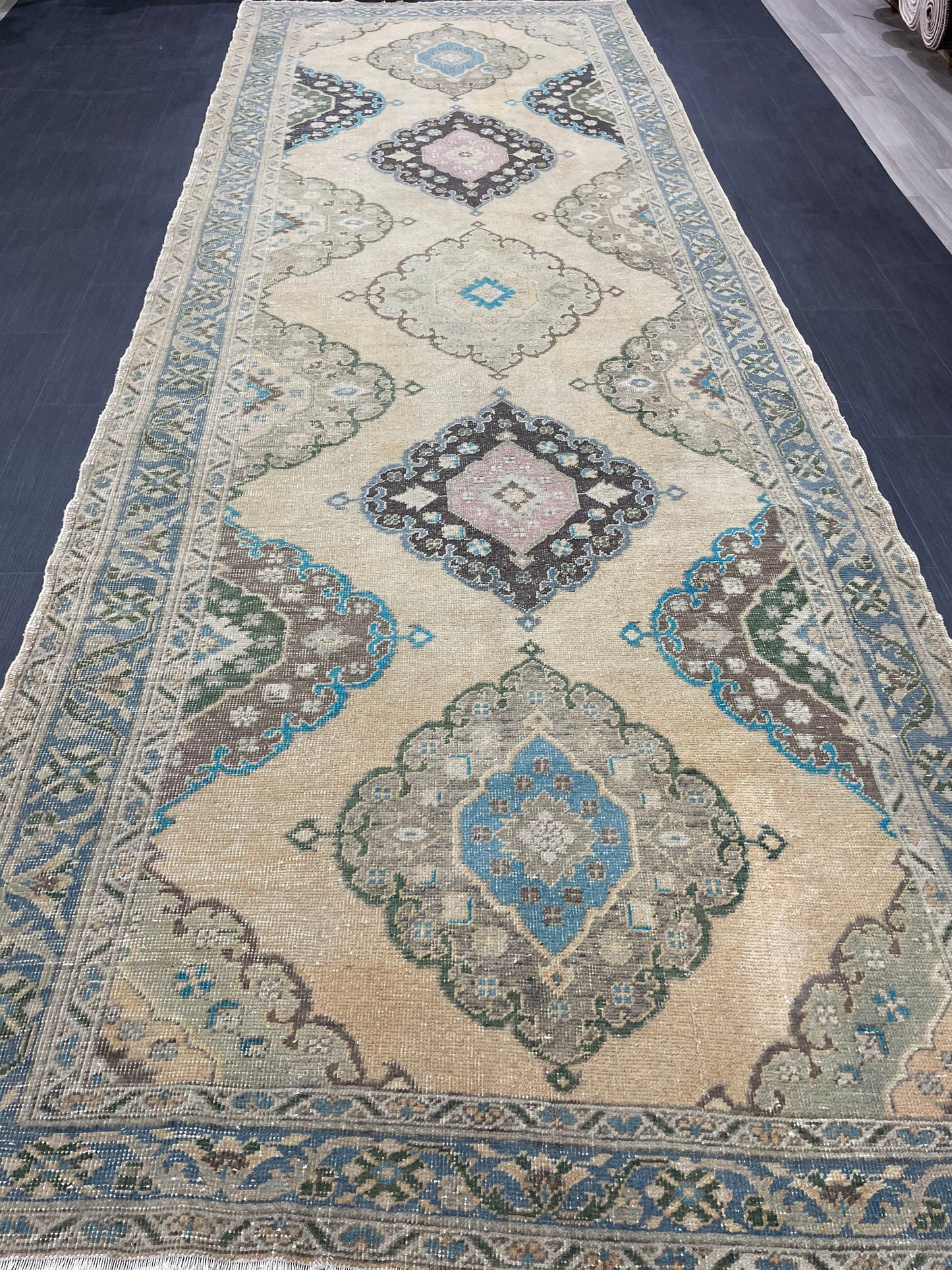 Vintage Hand Knotted Rug Vintage 4.8 x 13.8 Runner Oushak Runner Rug Turkish Runner Rug Vintage Runner Rug Star Kitchen Runner Natural Wool