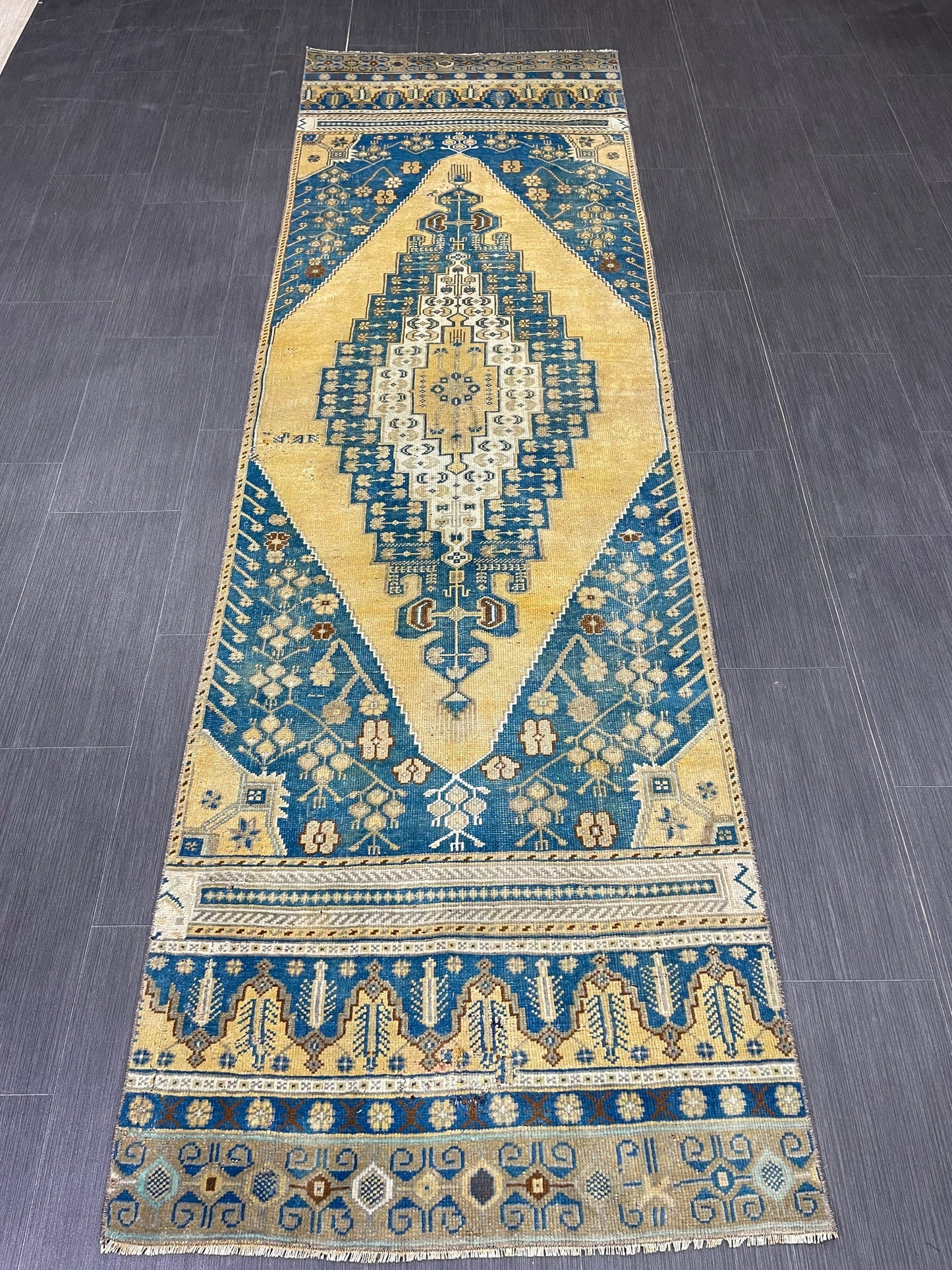 TURKISH Runner Rug Vintage Runner Rug 2.8 x 9.4 Oriental Rug Wool Oushak Rug Hand Knotted Rug Vintage Turkish Runner Rug Blue and Yellow Rug