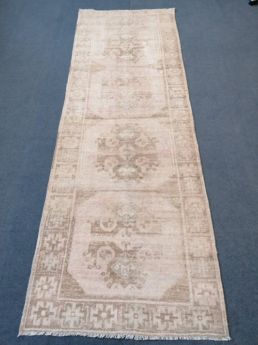 Neutral vintage rug, oushak rug, 3.2 x 9.2 hallway handmade rug