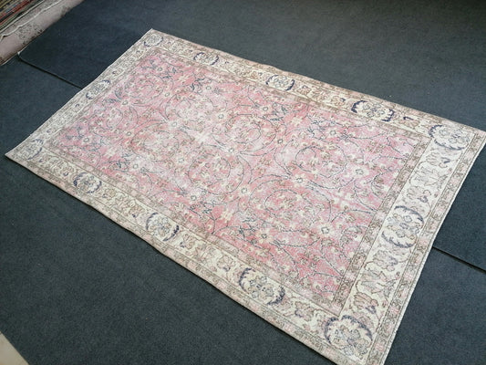 Vintage pink rug 8'x4'6 blue vintage turkish rug, oushak rug, hand woven rug, bohemian rug , oriental rug, muted vintage rug, minimalist rug