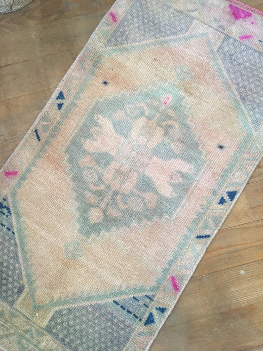 1.6 x 3.1 feet handmade small turkish rug, mini bathroom floor rug, vintage muted color blue bedroom rug,