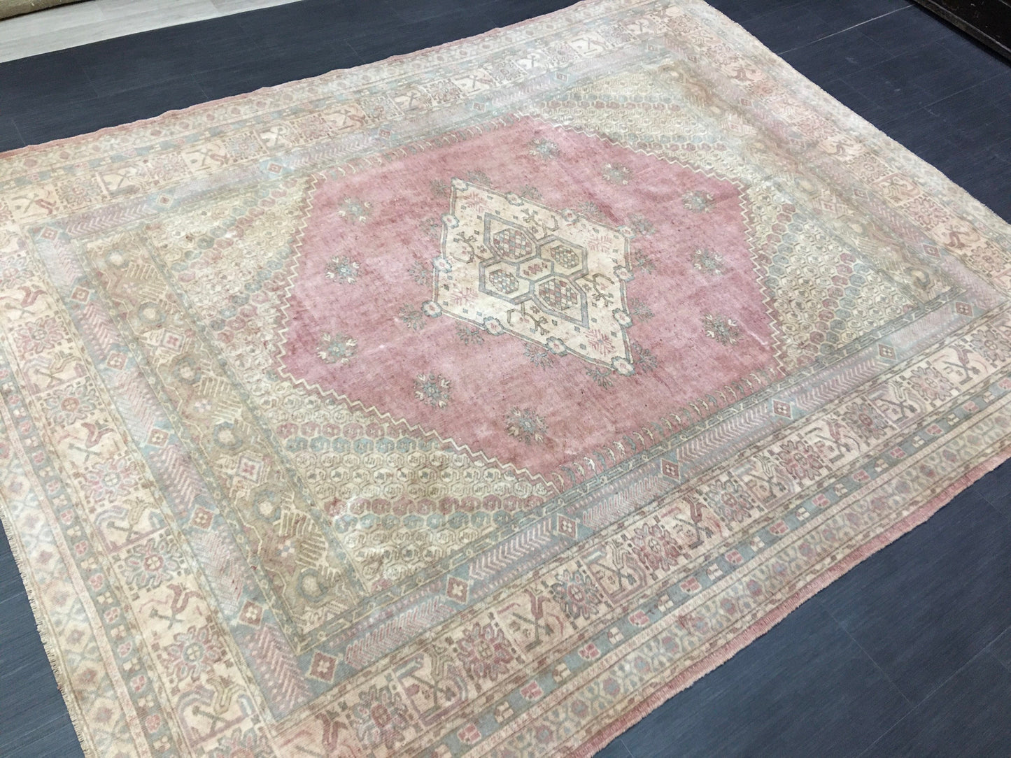 TURKISH Rug Vintage 6.6 x 8.5 Oriental Rug Vintage Persian Rug Blue OUSHAK RUG Oushak Rug Hand Made Rug Vintage Excellent Condition Rug