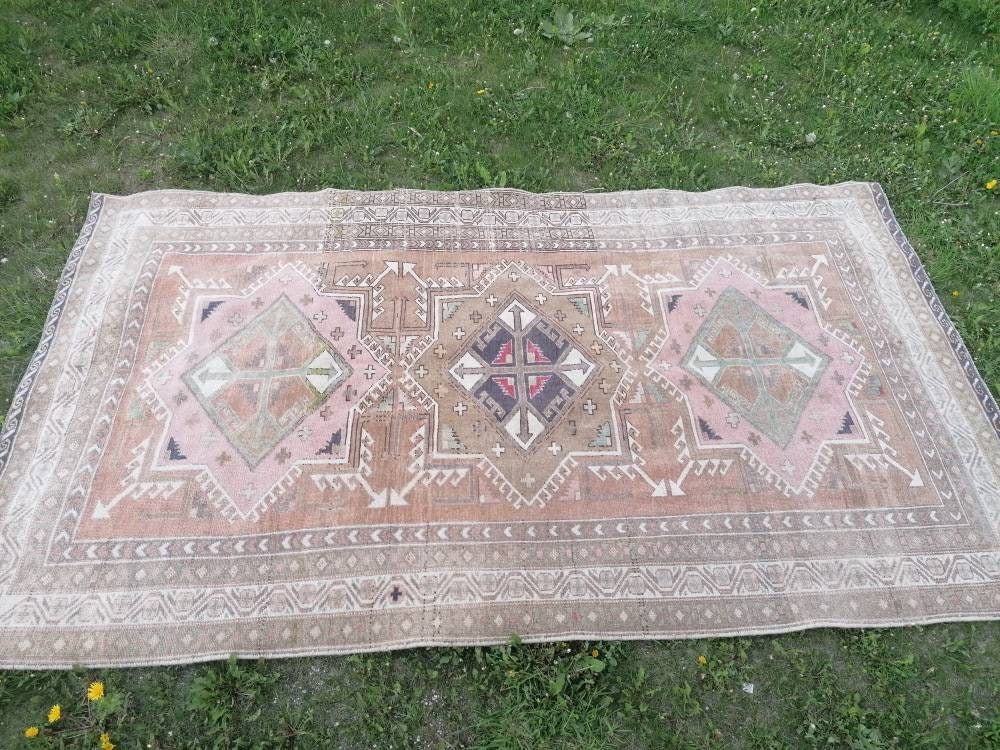 4'7x8 blue and pink wool rug, vintage oushak rug, turkish hand made living room rug