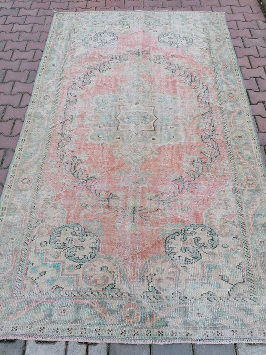 5.9 x 9.5 Large vintage green rug, distressed oushak rug turkish area rug