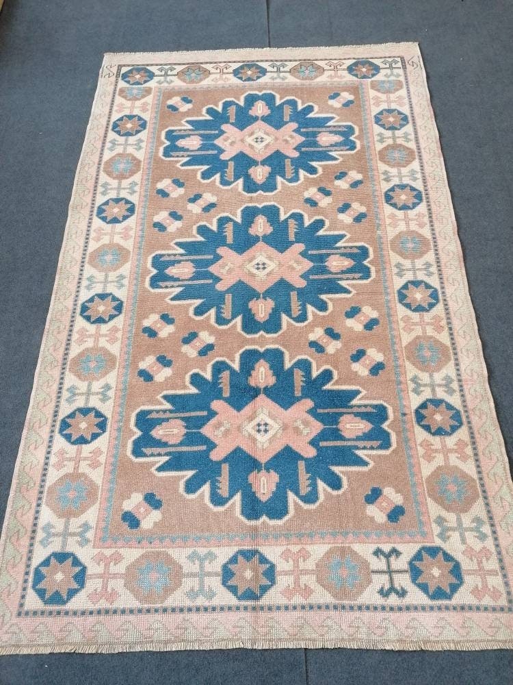 Turkish rug 4'5x7'3 blue and pink wool rug, vintage oushak rug, hand made living room rug