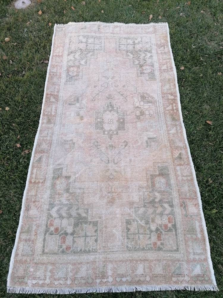 Pastel vintage rug, handmade wool rug, muted vintage rug 3'6x7 oushak runner