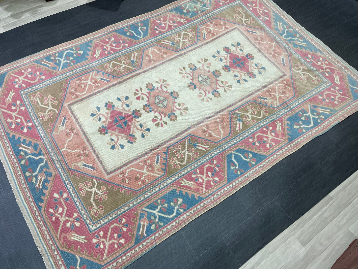 Hand Knotted Oushak Rug 6.8 x 10.3 Vintage Rug Handmade Turkish Rug Persian Rug Vintage Rug, Wool Blue and Pink Rug Large Rug