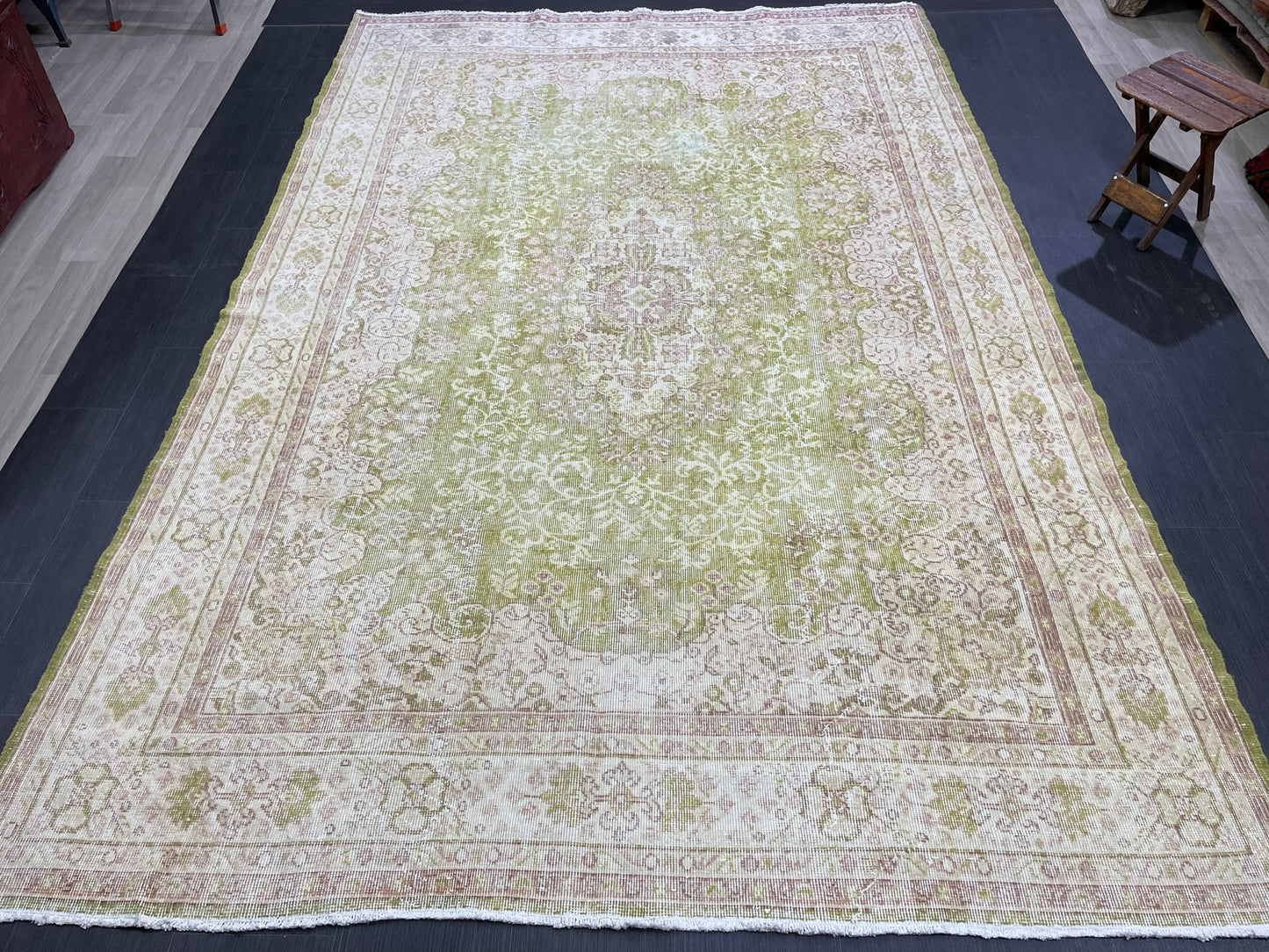 Vintage RUG Turkish 7 x 10.3 Rug Antique Rug Neon Green Rug Wool Muted Oriental Rug Handmade Rug Hand Knotted Rug Persian Rug