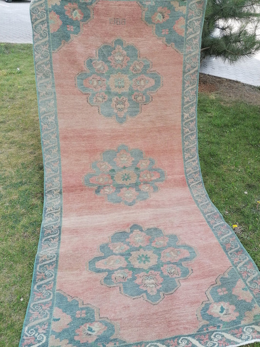 4.6 x 9.6 oushak turkish runner rug,vintage green runner rug, hallway runner rug, handmade wool runner,