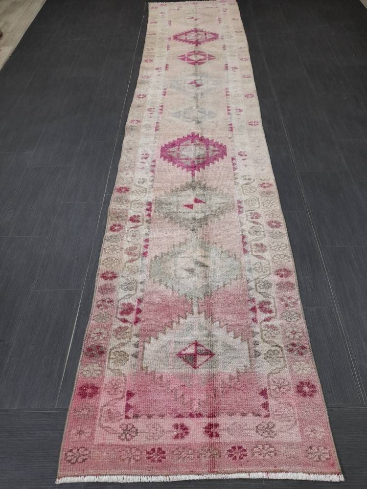Muted Vintage Runner Rug Vintage Oushak Runner Rug 2.6 x 12.4 Hallway Runner Rug Turkish Kitchen Runner Rug Antique Wool Oriental Runner Rug