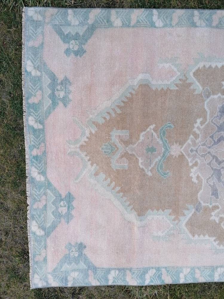 4'6x7'4 pink wool rug, vintage oushak rug, turkish hand made living room rug