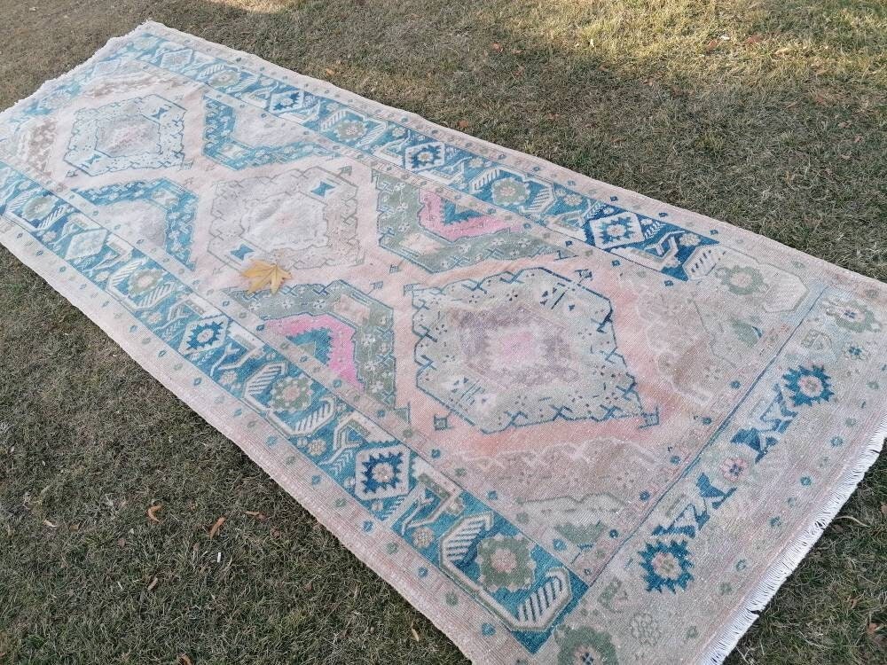 Turkish runner rug 4'7x12'4 blue runner rug,vintage oushak runner rug,kitchen runner rug,hallway runner rug,vintage runner rug