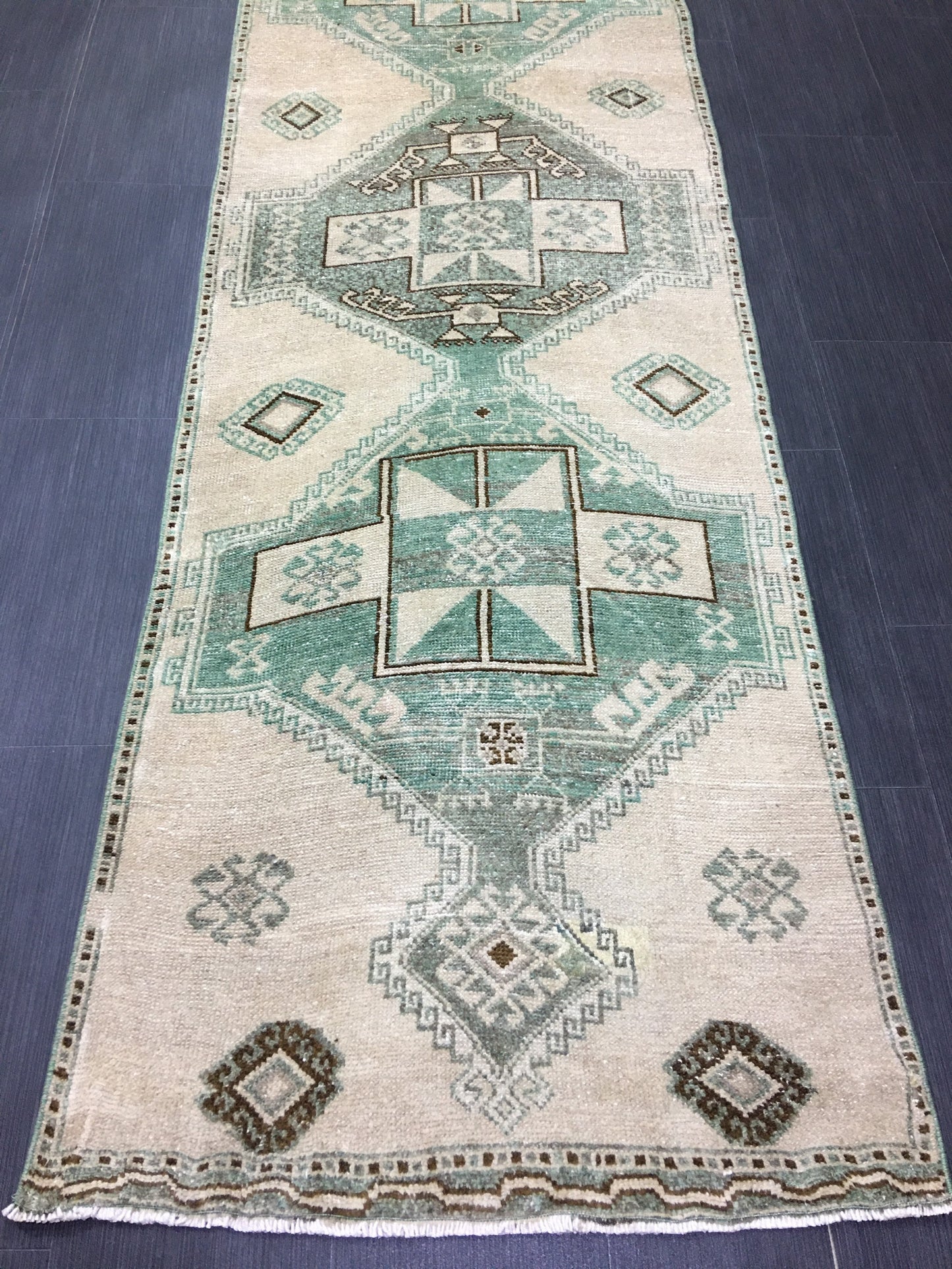 Vintage Hand Made Runner 2.7 x 11.6 Muted Runner Rug Turkish Runner Rug Muted Persian Runner Rug Vintage Rug Oriental Runner Rug Green