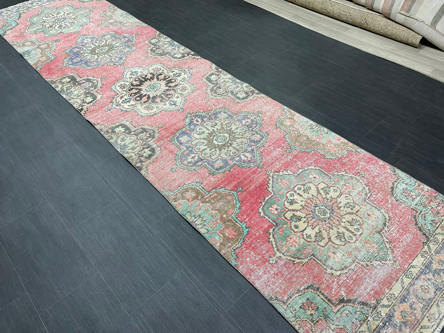 Muted Vintage Runner Rug Vintage Oushak Runner Rug 3 x 12.5 Hallway Runner Rug Turkish Kitchen Runner Rug Antique Wool Oriental Runner Rug