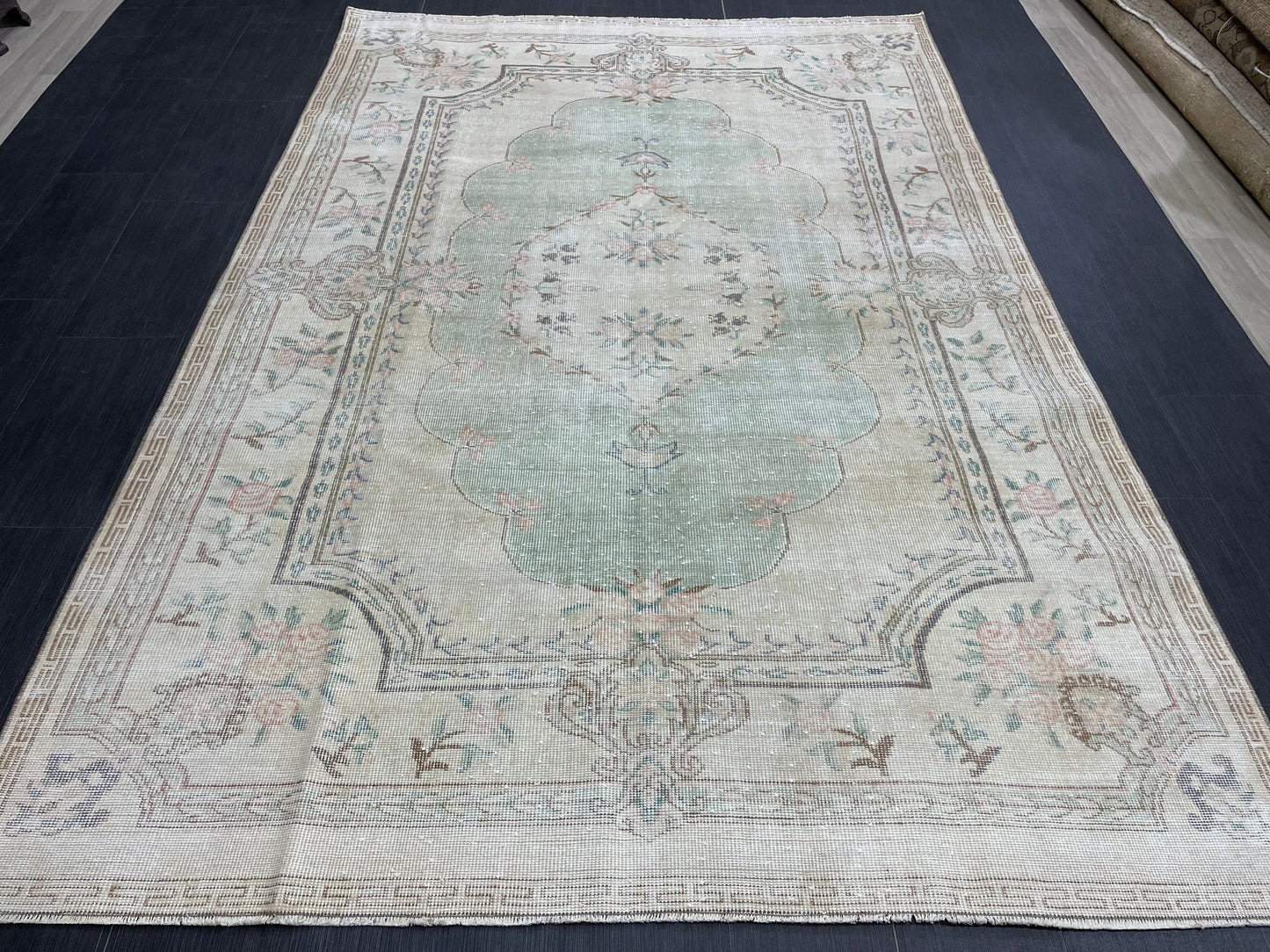 Handmade Rug 6x9 Oushak Rug Distressed Rustic Rug, Light Green Rug Hand Knotted Rug Turkish Rug, Farmhouse Rug, Vintage Rug, Wool rug