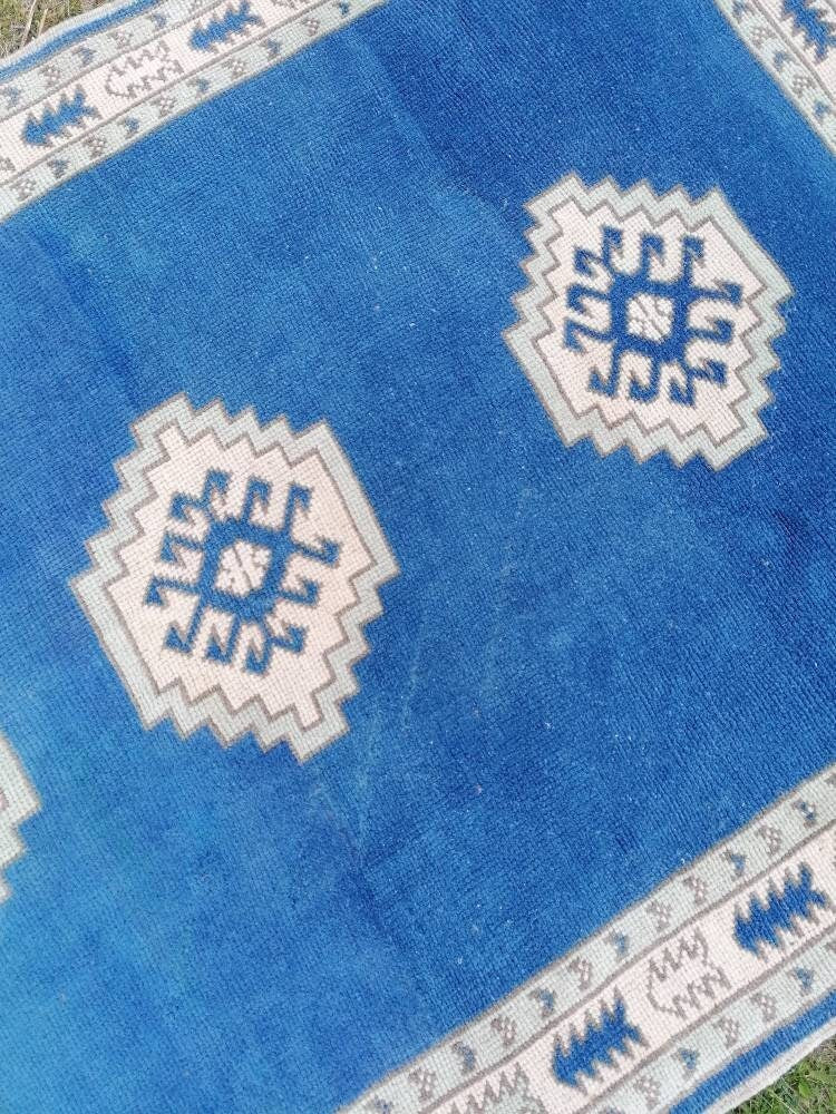 Turkish blue rug, vintage wool rug, oushak vintage rug,kitchen rug, 4x5'6 vintage anatolian rug,unique hand made bohemian