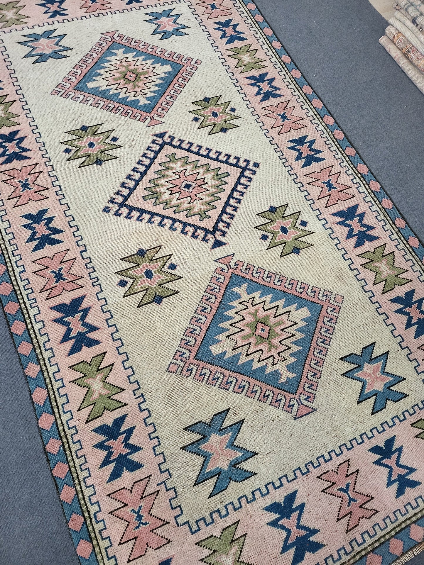 Hand Knotted Oushak Rug, Vintage 6 x 8.7 Rug, Handmade Turkish Rug, Persian Rug, Vintage Rug, Wool Blue Large Rug