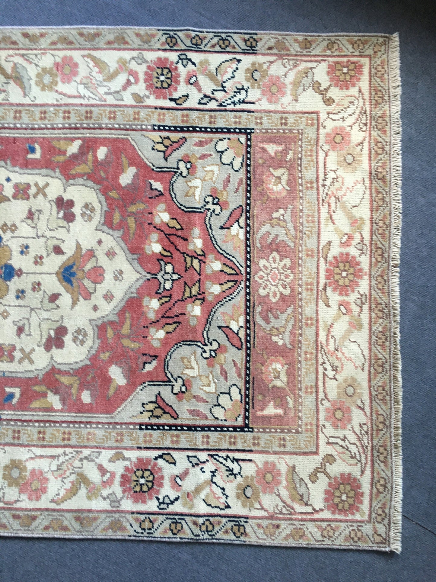 3.5x6 feet red faded turkish floral rug, handmade vintage brown bedroom floor wide rug, oushak bathroom area rug, entryway middle wool rugs