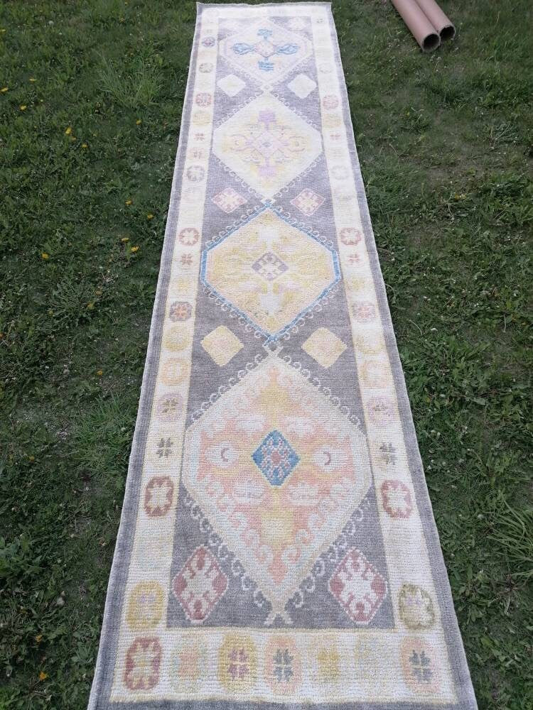 Oushak wool runner 3x13 turkish oushak new production handmade rug, hallway runner rug