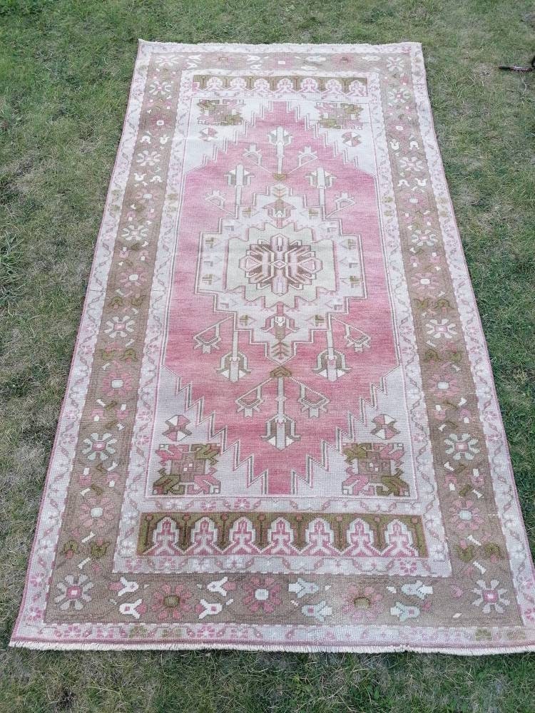 Vintage wool rug, turkısh hand made rug, oushak rug, living room rug 4x7'7