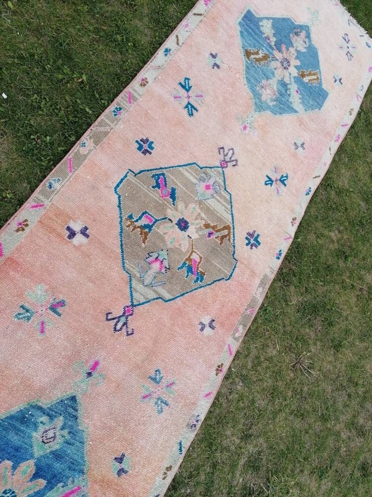 Vintage blue runner, oushak wool runner 3x10'4 hallway green runner, turkish runner rug, entery runner, kitchen runner