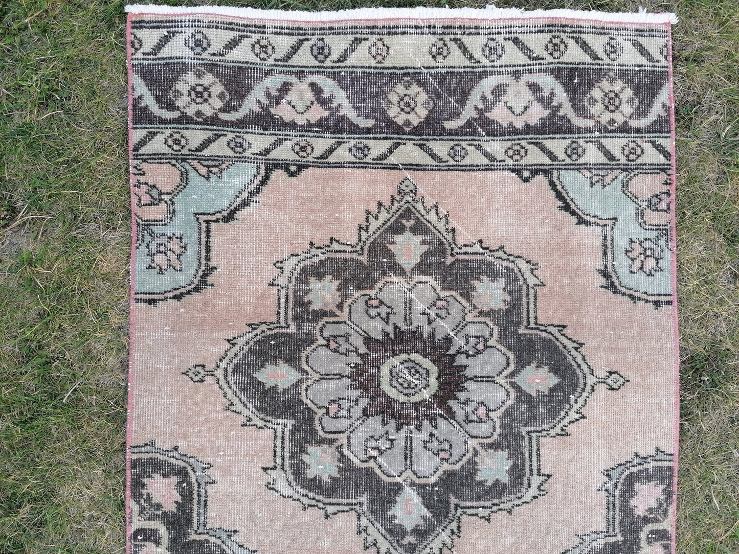 2'8x11'10 oushak turkish runner rug, vintage green runner rug, vintage wool runne, vintage hand made rug , kitchen runner rug,