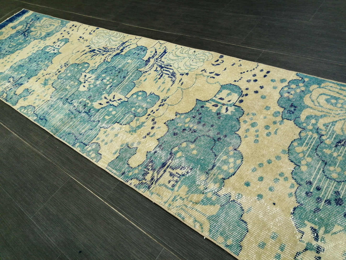 Oushak Runner Rug 10.5 X 2.5 Turkish Runner Rug Vintage Runner Rug Beige and Blue Hallway Runner Rug Kitchen Runner Rug vinatgeturkish_rug