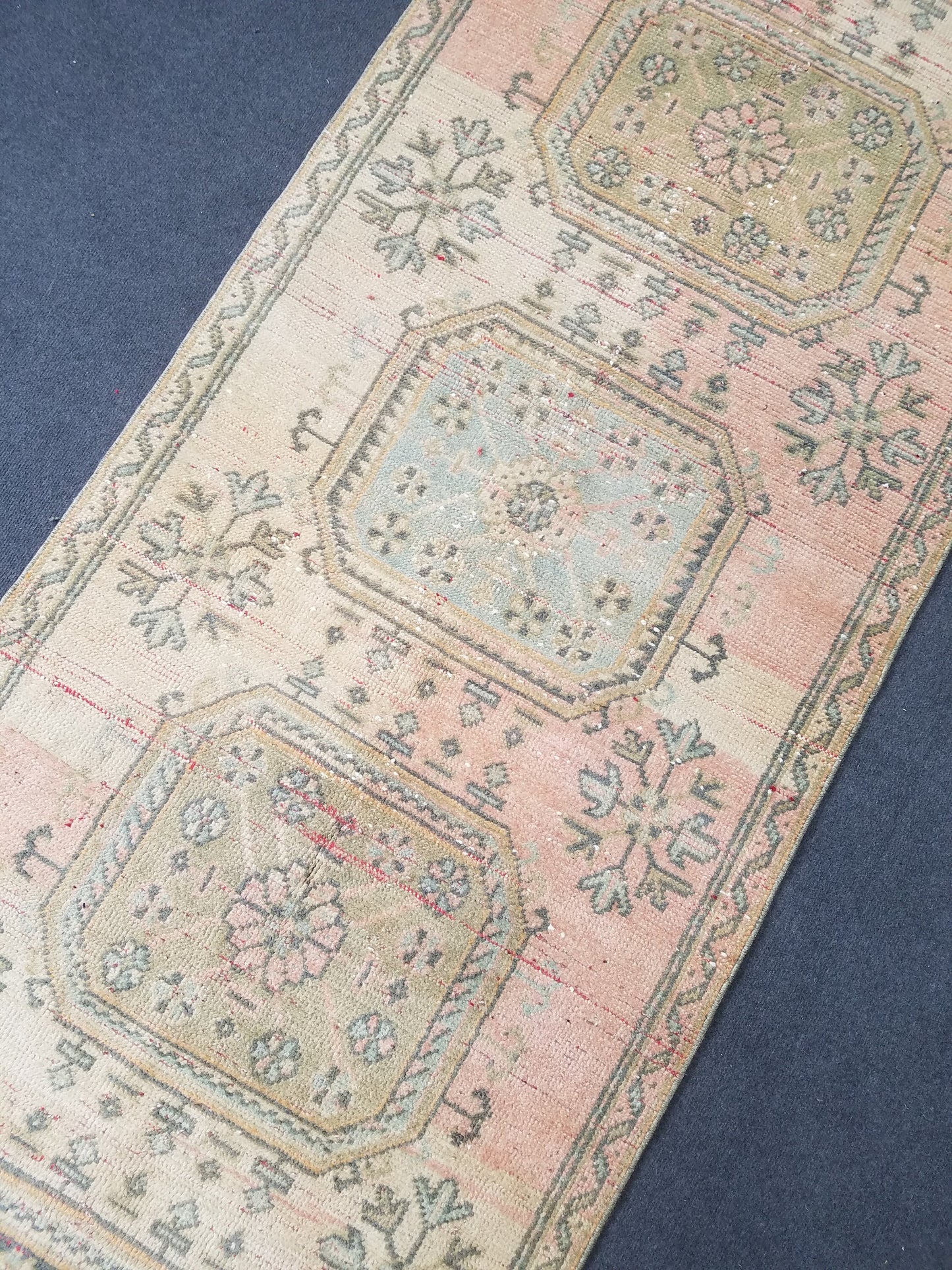 11'x3'2 oushak turkish runner rug, vintage runner rug, vintage oushak runner, vintage anatolian runnerrug,unique hand made rug,kitchen rug