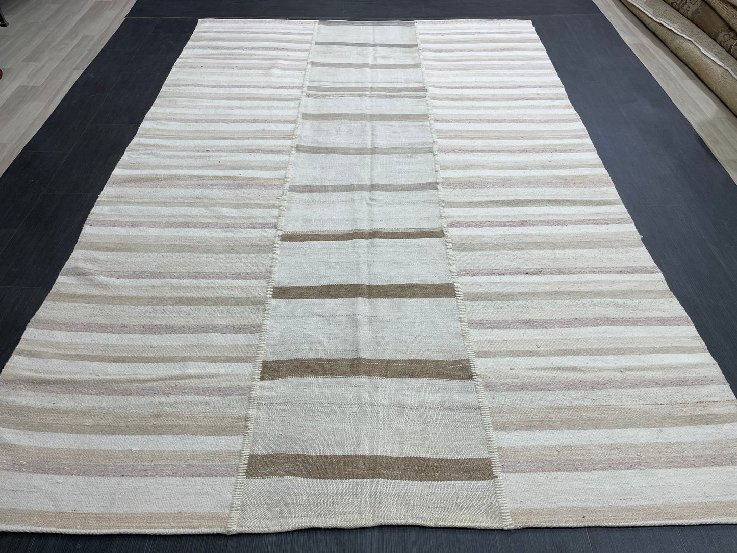 Neutral Vintage Rug 6.4 x 9.7 Stripe Wool Rug Muted Vintage Flat woven Rug Neutral Flatweave Carpet Stripped Rug Handmade Rug Turkish Kilim