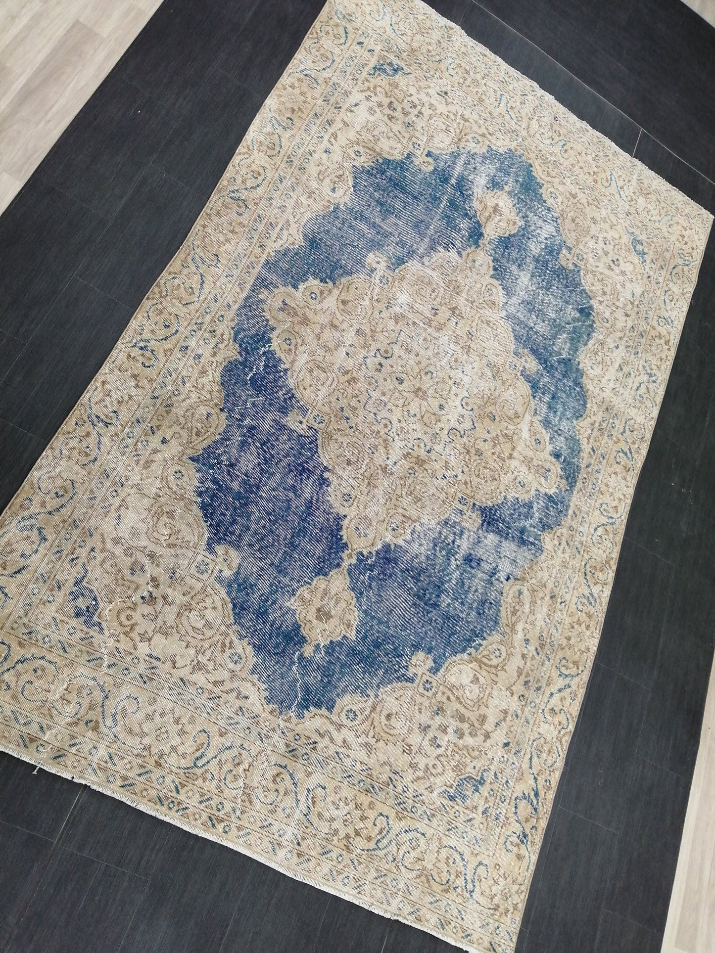 6.3 x 10.5 Denim Blue OUSHAK RUG TURKISH Oushak Rug Vintage Oushak Rug Vintage Runner Rug Wool 10x6 Rug Hand Made Rugs distressed Rug