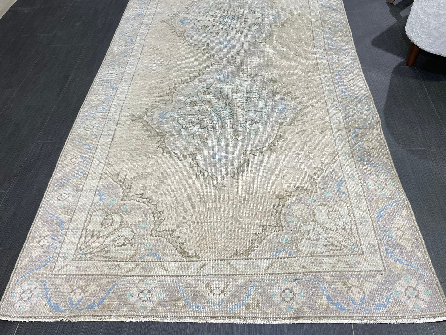 Muted Vintage Runner Rug Turkish Oushak 4.2 x 10.7 Runner Rug Handmade Runner Rug Hallway Runner Rug Kitchen Runner Rug Wool Runner Rug