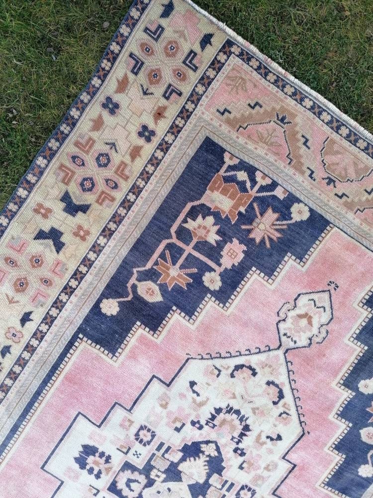 Vintage blue rug, large turkish oushak rug 6'1x9'6 living room rug, handmade wool rug