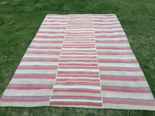 7x9.5 Large wool kilim, Flat Woven stripe rug, handmade rug