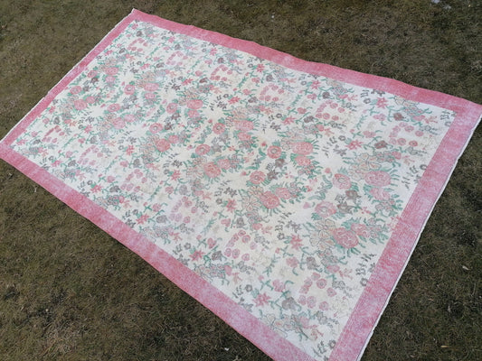 Turkish pink rug 9'3x5'6 pink color rug, vintage turkish rug,oushak vintage rug, vintage rug, kitchen rug, vintage anatolian rug
