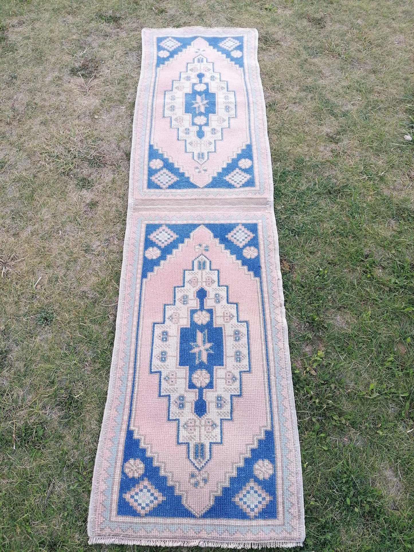 Blue pillow runner rug 1'10x7 hallway vintage rug, entryway hand made rug, kitchen runner