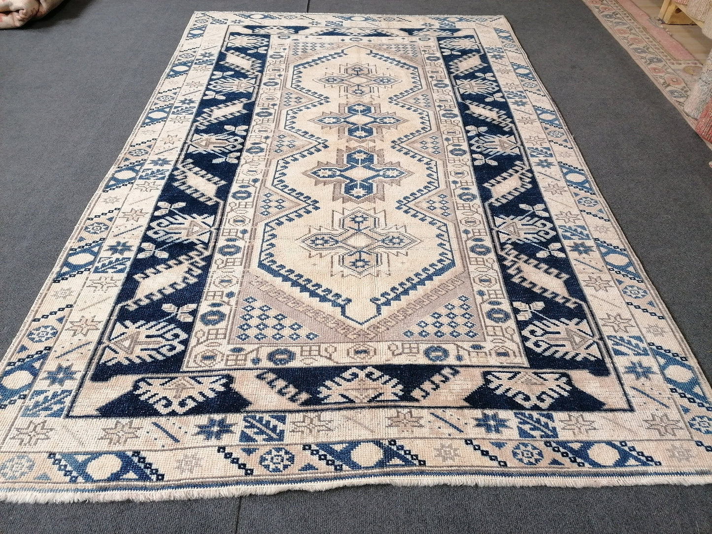 Vintage handmade rug, turkish wool rug 4'11x7'4 blue vintage oushak rug, bohemian rug
