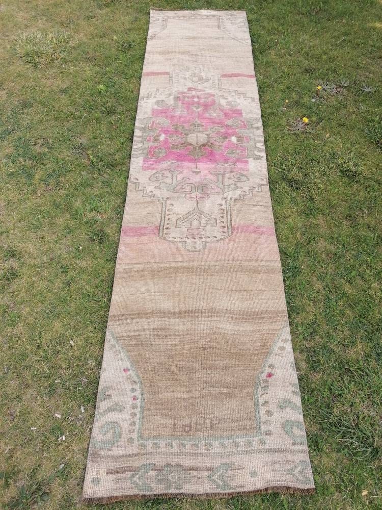 Oushak runner rug, vintage oushak runner 2'7x11 natural hand made wool runner, hallway runner, kitchen runner