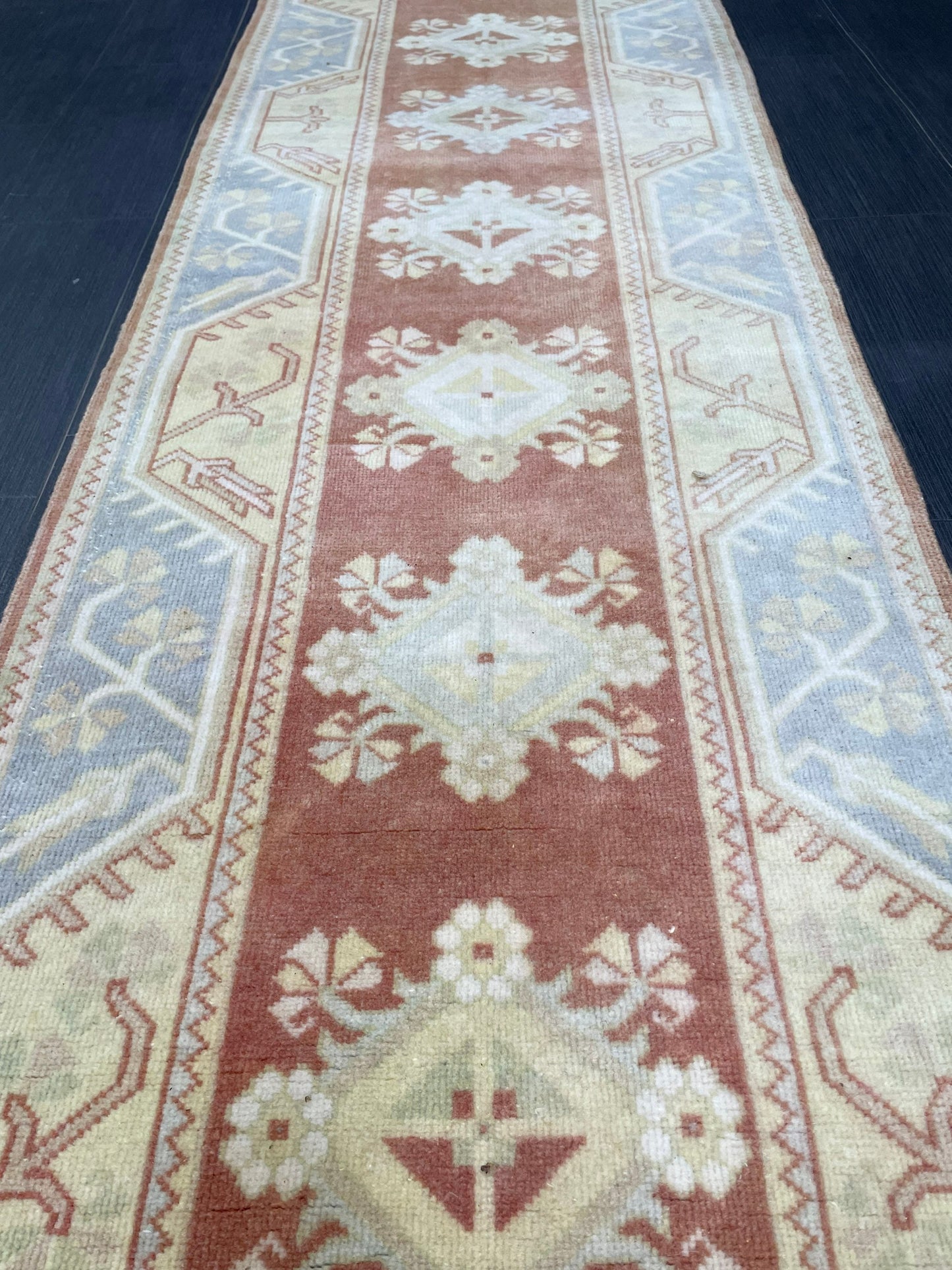 Vintage Hand Knotted Rug, Natural Wool Runner 2.7 x 10.5 Rug, Handmade Runner Rug, Turkish Runner Rug, Muted Runner Rug, Wool Kitchen Runner