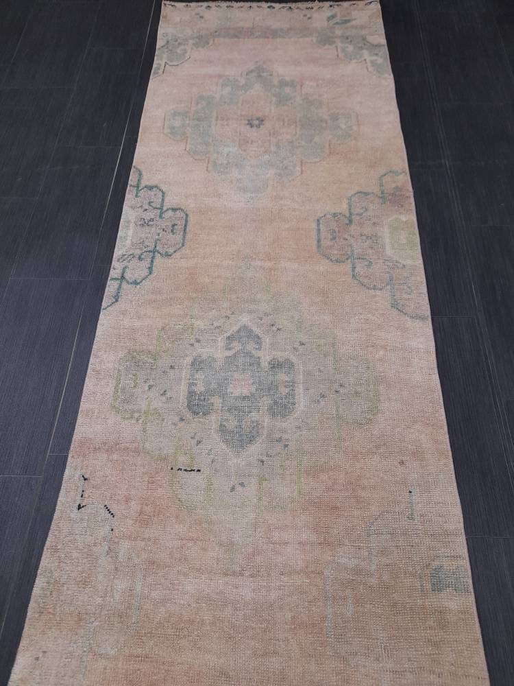Hand Knotted Runner Rug Muted Turkish Runner Rug Vintage Runner Rug 2.6 x 12.8 Distressed Hallway Runner Kitchen Runner Rug Muted Runner Rug
