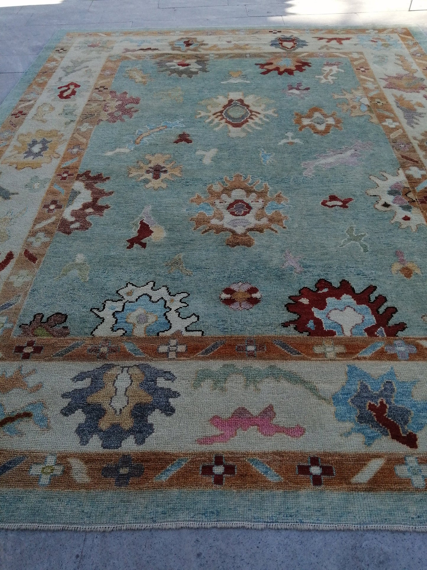 9.6 x 11.9 Blue OUSHAK RUG, TURKISH Oushak Rug, Vintage Oushak Rug, Blue Wool Oushak Rug Hand Made Rugs, Made In Turkey Oriental 10x12 rug
