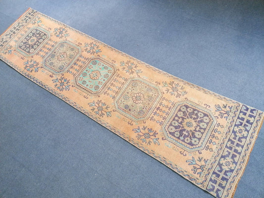 2.10 x 11 oushak turkish runner rug, vintage turkish runner rug, oushak vintage rug, anatolian rug