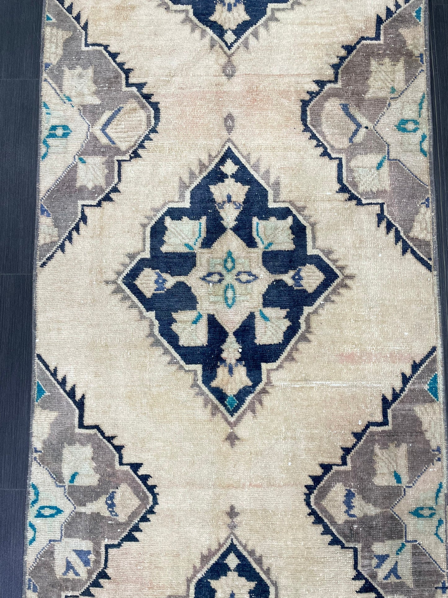 Vintage Runner 3.2 x 10.6 TURKISH Muted Runner Rug Vintage Oushak Runner Rug Navy Runner Rug Wool Oriental Runner Antique Runner Rug