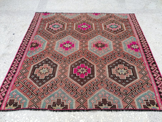5.9 x 5.5 flatwoven with embroidery rug turkish hand made rug