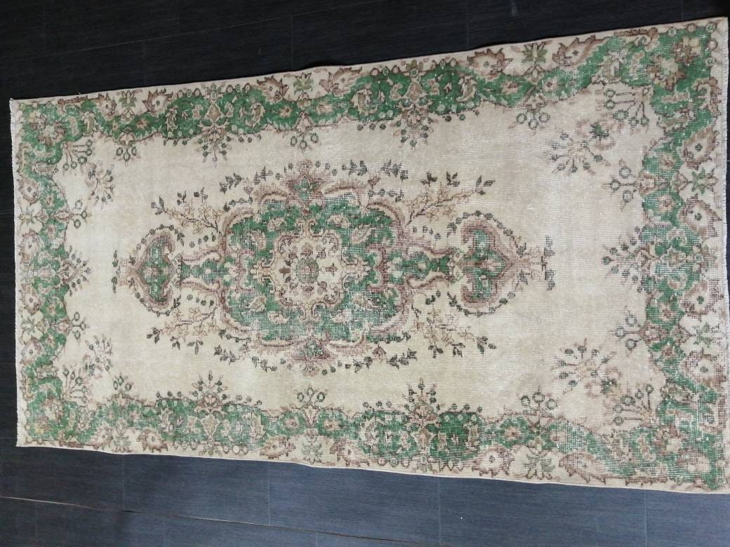 GREEN Rug, Vintage Oushak Rug, 3.7 X 6.8 Rustic Rug, Bohemian Rug, Rug Runner, Turkish Rug, Farmhouse Rug, Vintage Rug,Wool rug Oriental Rug